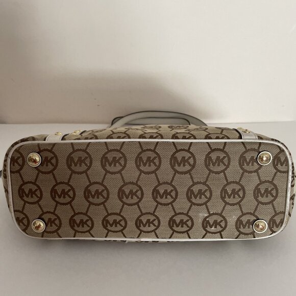 MICHAEL KORS Signature Canvas Tote Shoulder Bag Beige Leather Trim Studded - Picture 6 of 15